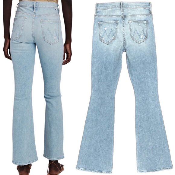 Mother Mid-Rise The Weekender Distressed Flare Jeans in Free Hugs Light Wash - Picture 2 of 14